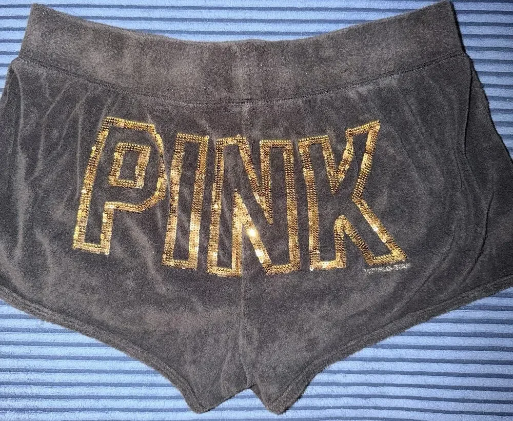RARE Y2K Victoria Secret PINK Shorts SIZE M Gray GOLD Sequin Bling Logo